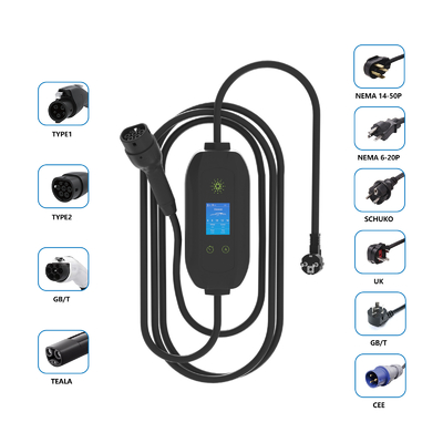 SAE J1772 Groothandel Elektrisch Voertuig Snelvoertuig 3.5kw 7kw 16A 32A EV-oplaadstation Draagbare EV-oplader met schermverstelbaar